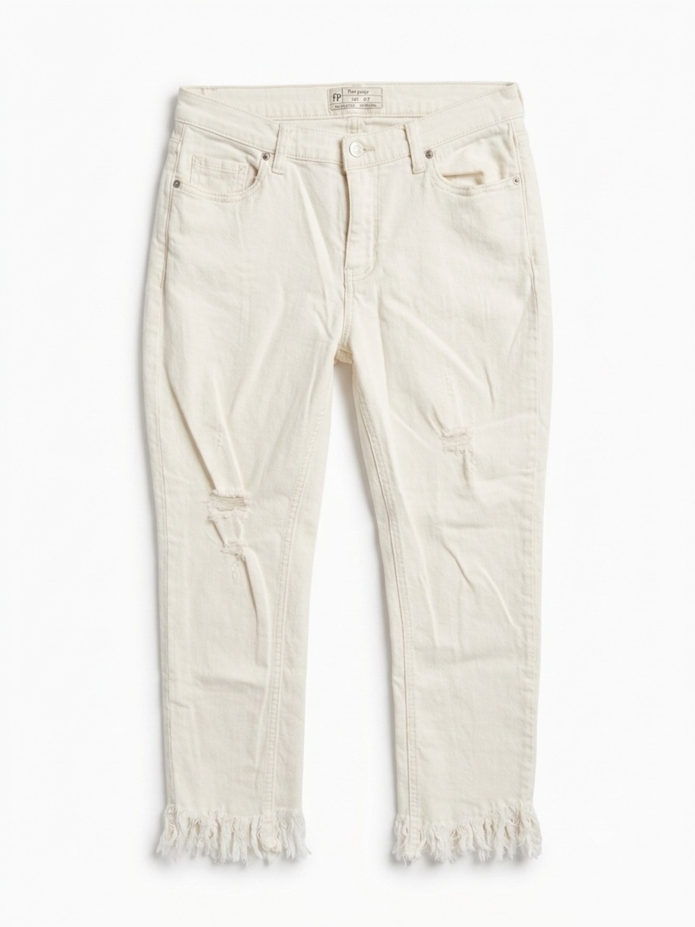 FREE PEOPLE / Frayed / Distressed / off white / Denim jeans / 27 / inseam 26”